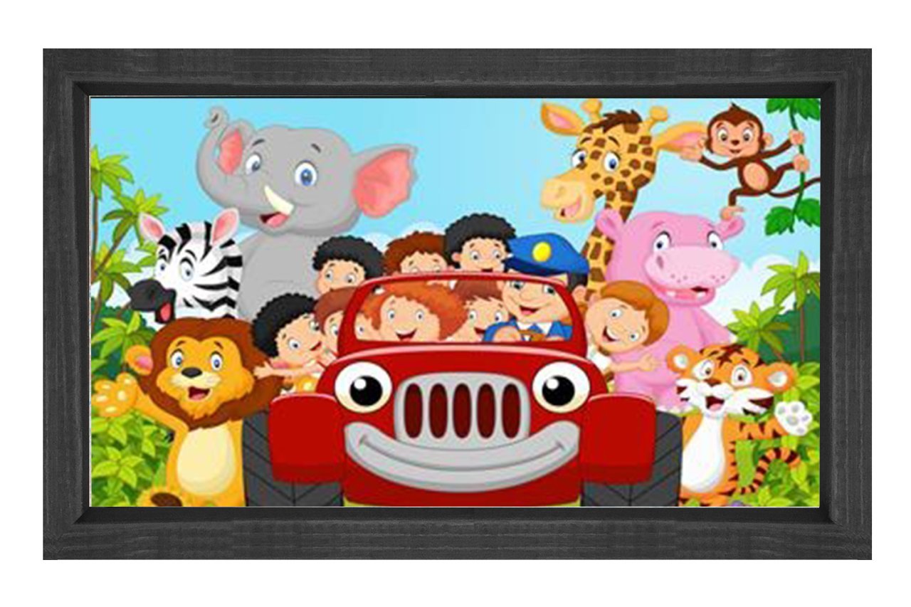 Mutlu Hayvanlar Ve Çoçuklar Tablosu Siyah Ahşap Çerçeve - 50x70