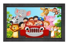 Mutlu Hayvanlar Ve Çoçuklar Tablosu Siyah Ahşap Çerçeve - 50x70