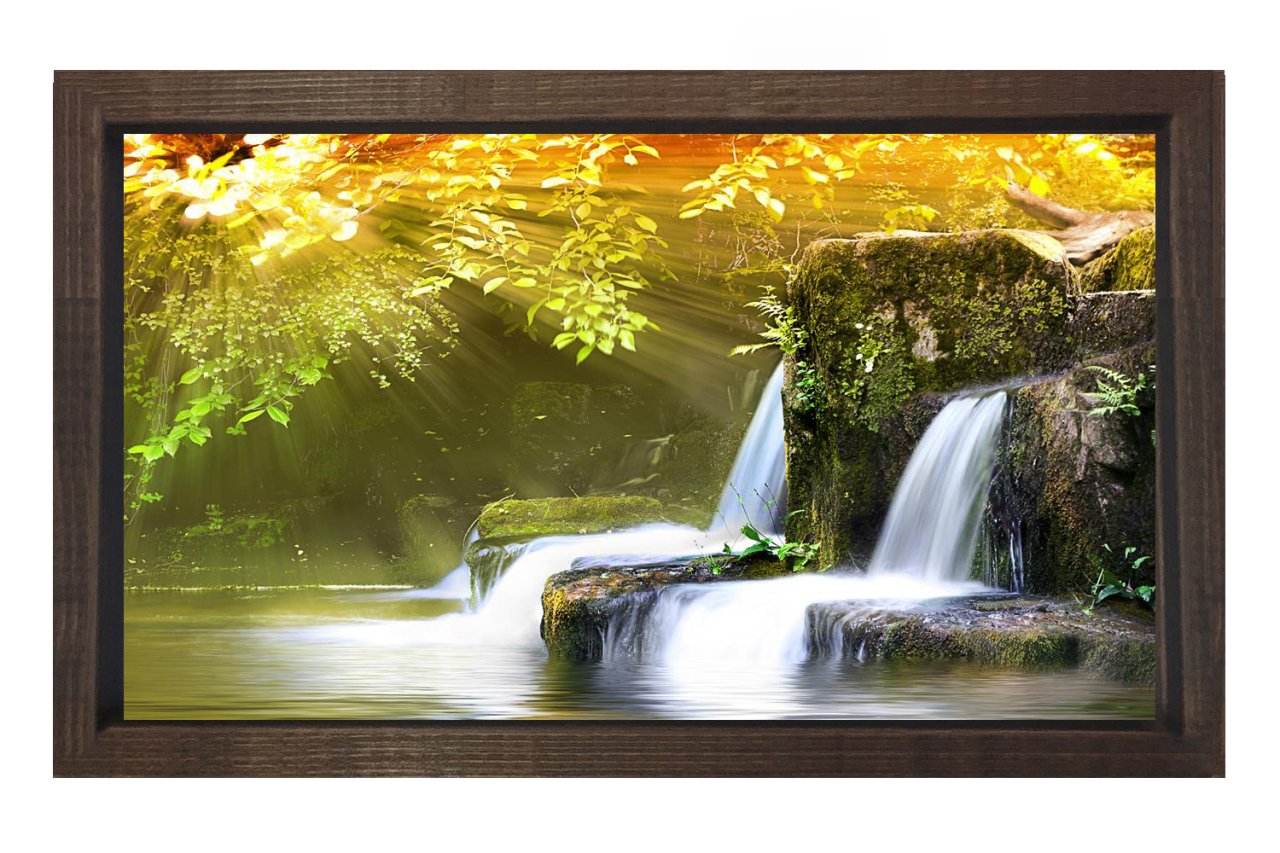 Sarı Ağaçlar Ve Şelale Tablosu Kahverengi Ahşap Çerçeve - 70x100