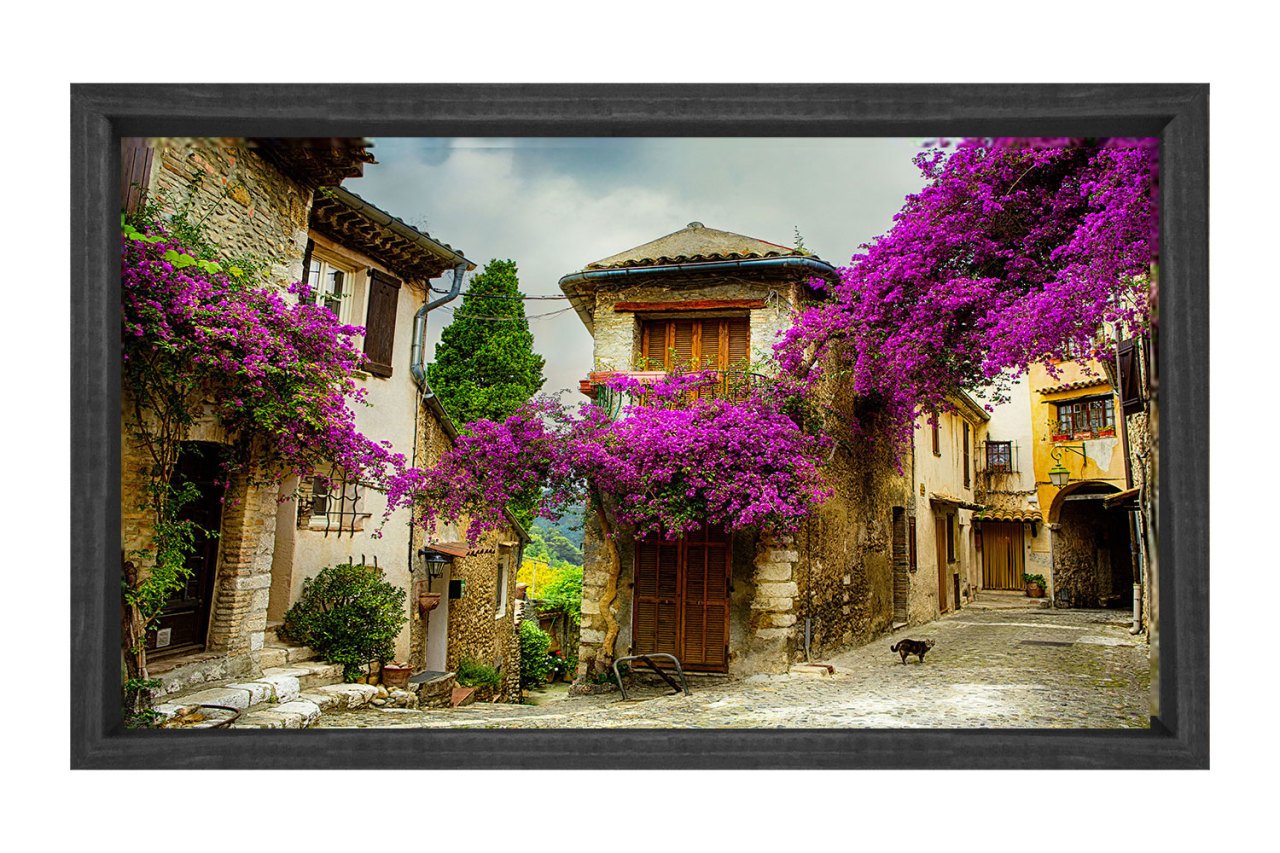 Mor Çiçekli Lavanta Evleri Tablosu Siyah Ahşap - 40x60