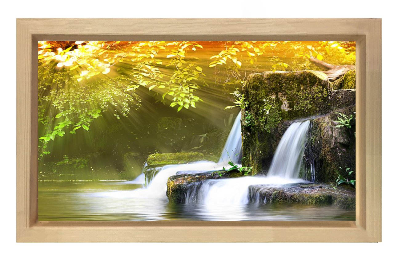 Sarı Ağaçlar Ve Şelale Tablosu Naturel Ahşap Çerçeve - 100x150