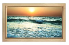 Kıyıya Vuran Dalgalar ve Gün Batımı Tablosu Naturel Ahşap Çerçeve - 50x70