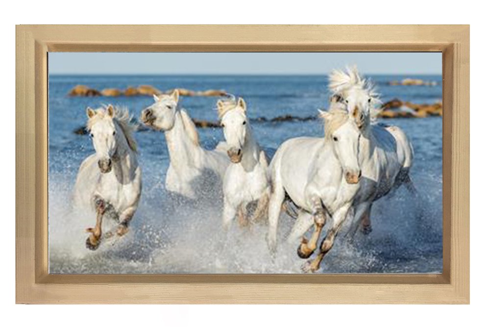 Suda Koşan Beyaz Atlar Tablosu Naturel Ahşap Çerçeve - 100x200