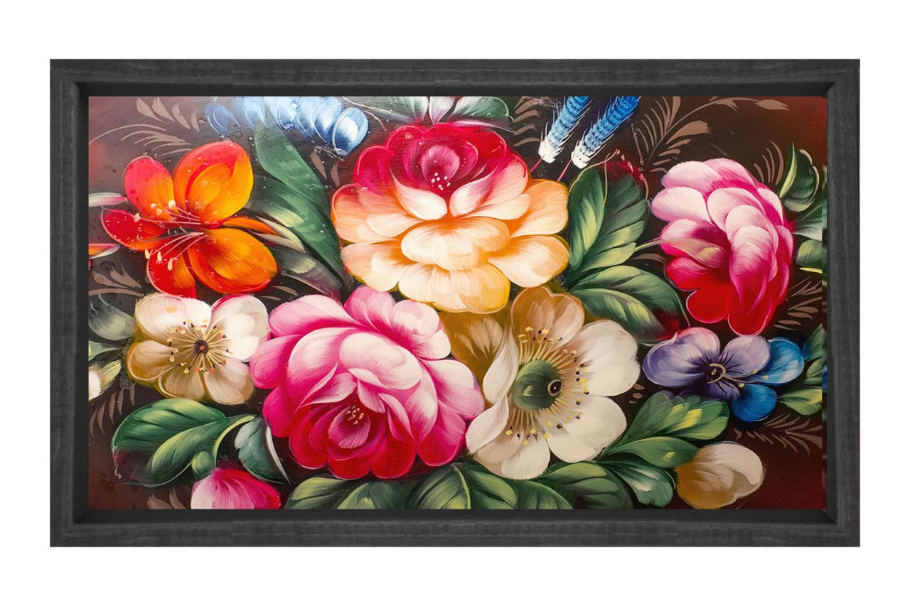Renkli Gül Çiçekleri Kahverengi Ahşap Çerçeve - 100x150