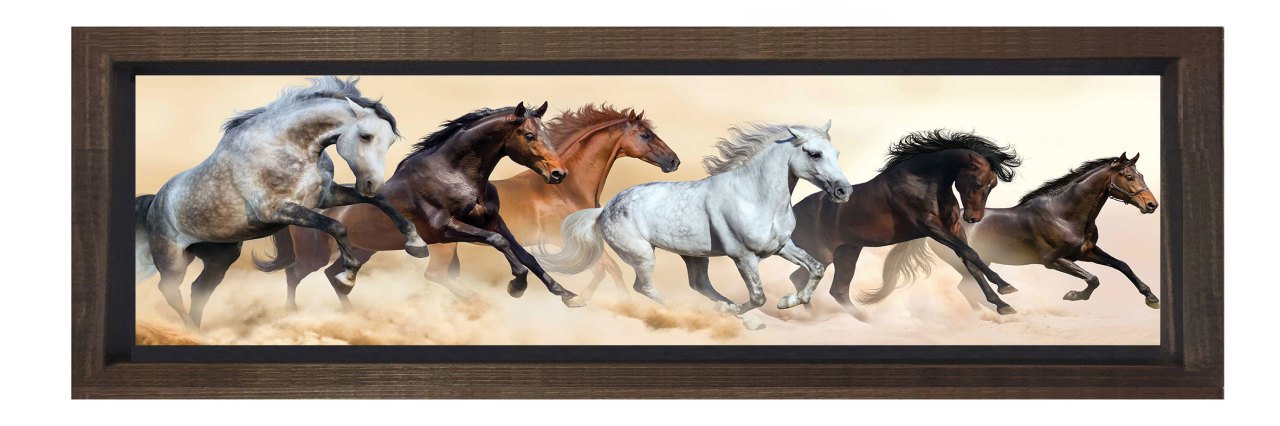 Vahşi Atlar Tablosu Kahverengi Ahşap Çerçeve - 90x30