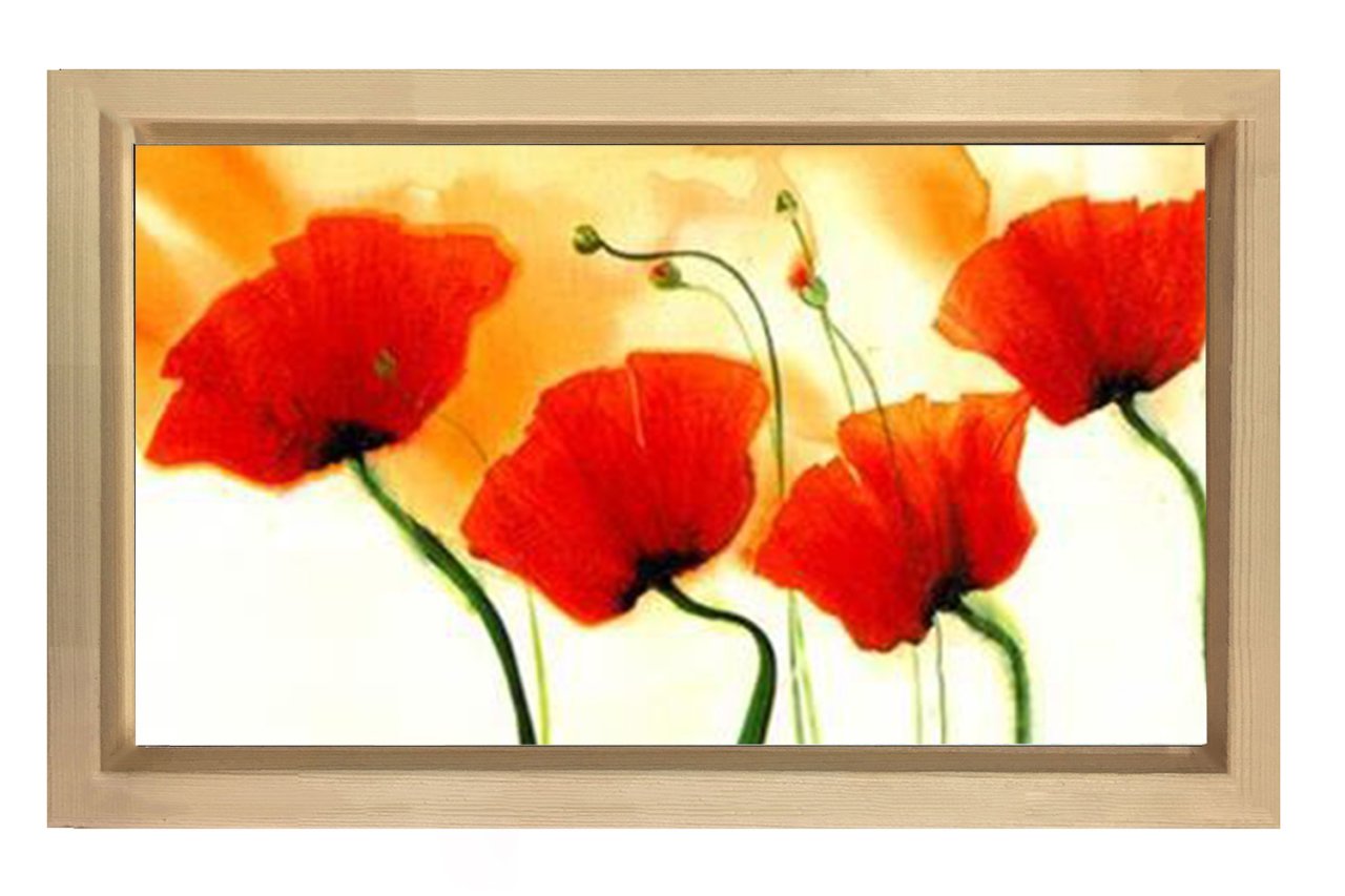 Kırmızı Gelincik Çiçekler Tablosu Naturel Ahşap Çerçeve - 50x70