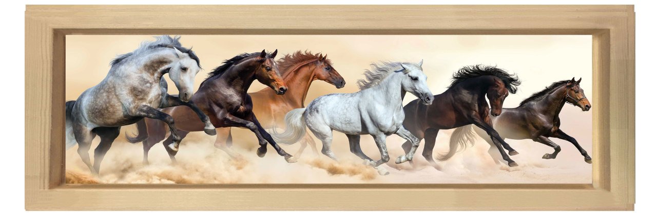 Vahşi Atlar Tablosu Naturel Ahşap Çerçeve - 150x50