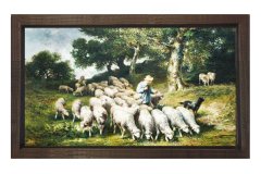 Çoban Ve Koyunlar Manzara Tablosu Kahverengi Ahşap Çerçeve - 40x60