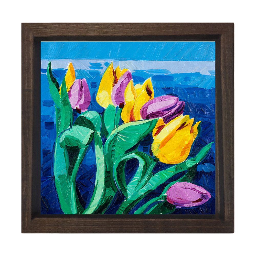 Pembe Sarı Güller Tablosu Kahverengi Ahşap Çerçeve - 40x40