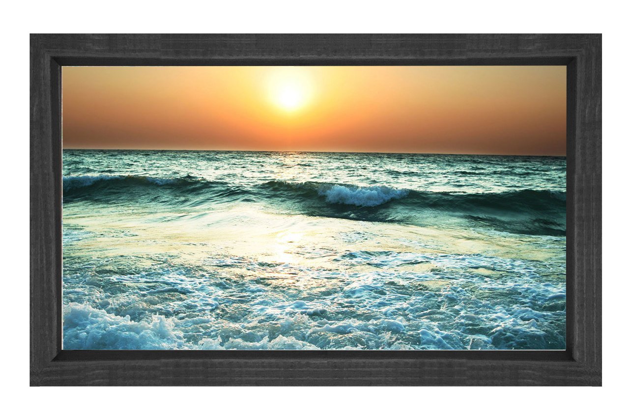 Kıyıya Vuran Dalgalar ve Gün Batımı Tablosu Siyah Ahşap Çerçeve - 100x200
