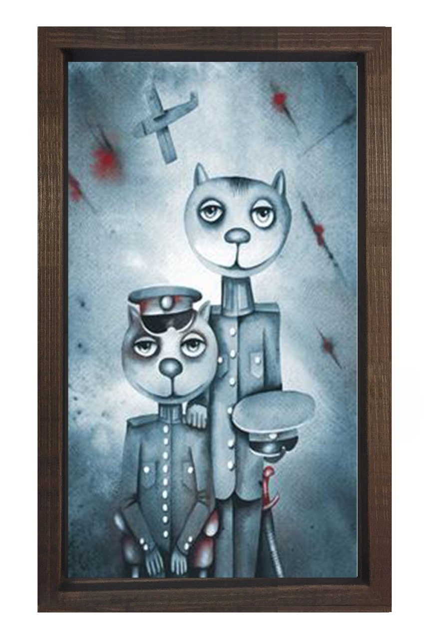 Asker Kediler Tablosu Kahverengi Ahşap Çerçeve - 40x60
