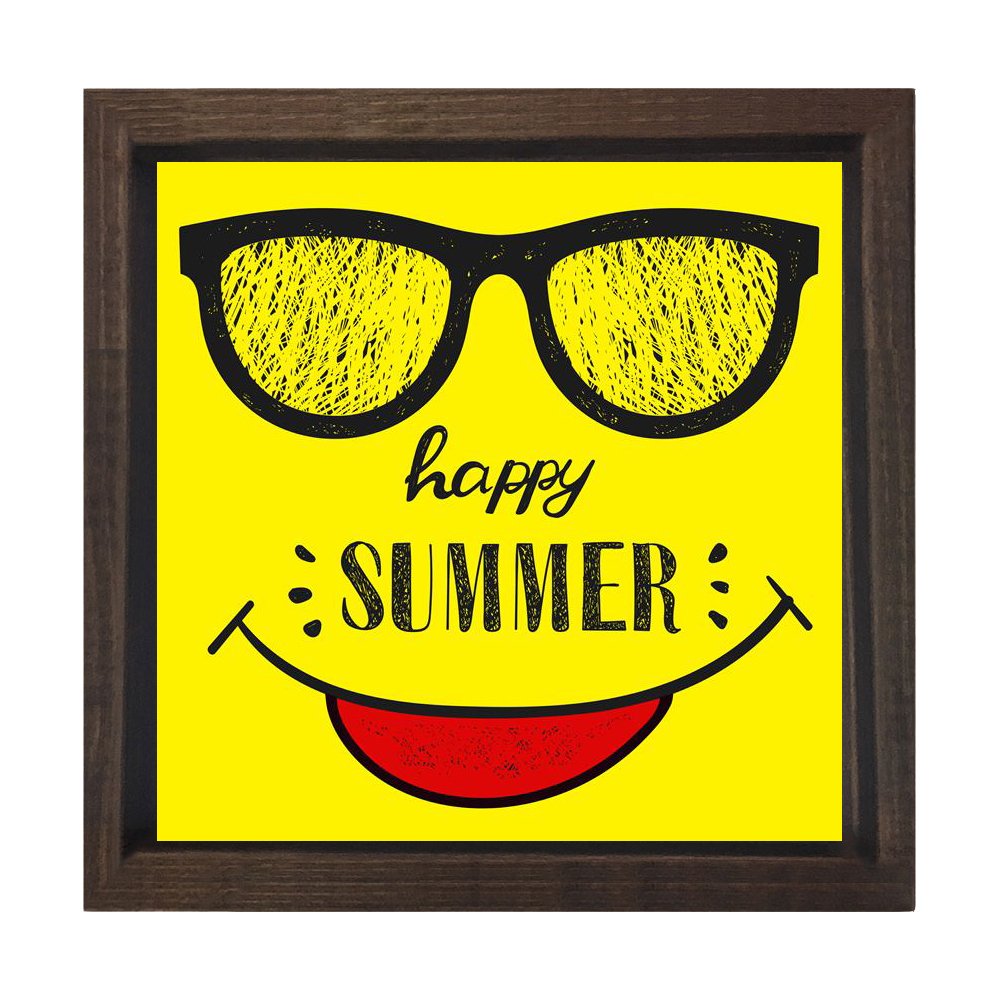 Happy Summer Yazısı Tablosu Kahverengi Ahşap Çerçeve - 100x100
