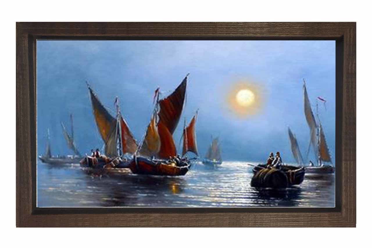 Vintage Gemi ve Güneş Tablosu Kahverengi Ahşap Çerçeve - 45x30