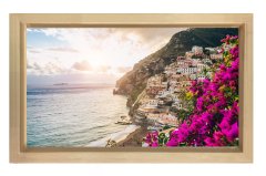 Sahil Kasabası ve Mor Çiçekler Tablosu Naturel Ahşap Çerçeve - 50x70