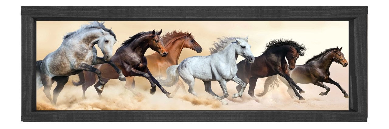 Vahşi Atlar Tablosu Siyah Ahşap Çerçeve - 180x60