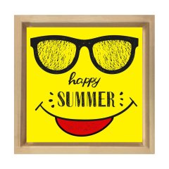 Happy Summer Yazısı Tablosu Naturel Ahşap Çerçeve - 60x60
