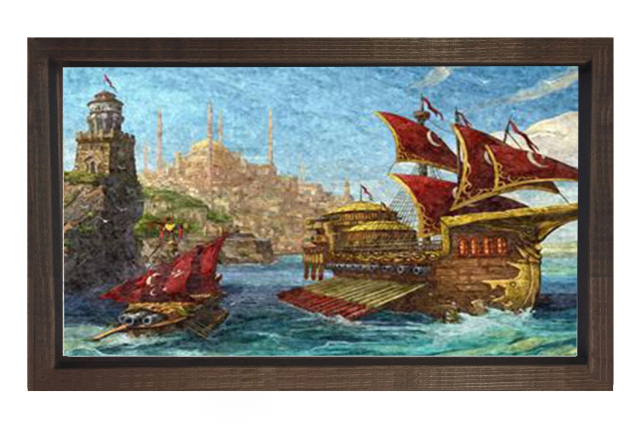 İstanbul ve Yelkenli Gemi Tablosu Kahverengi Ahşap Çerçeve - 50x90