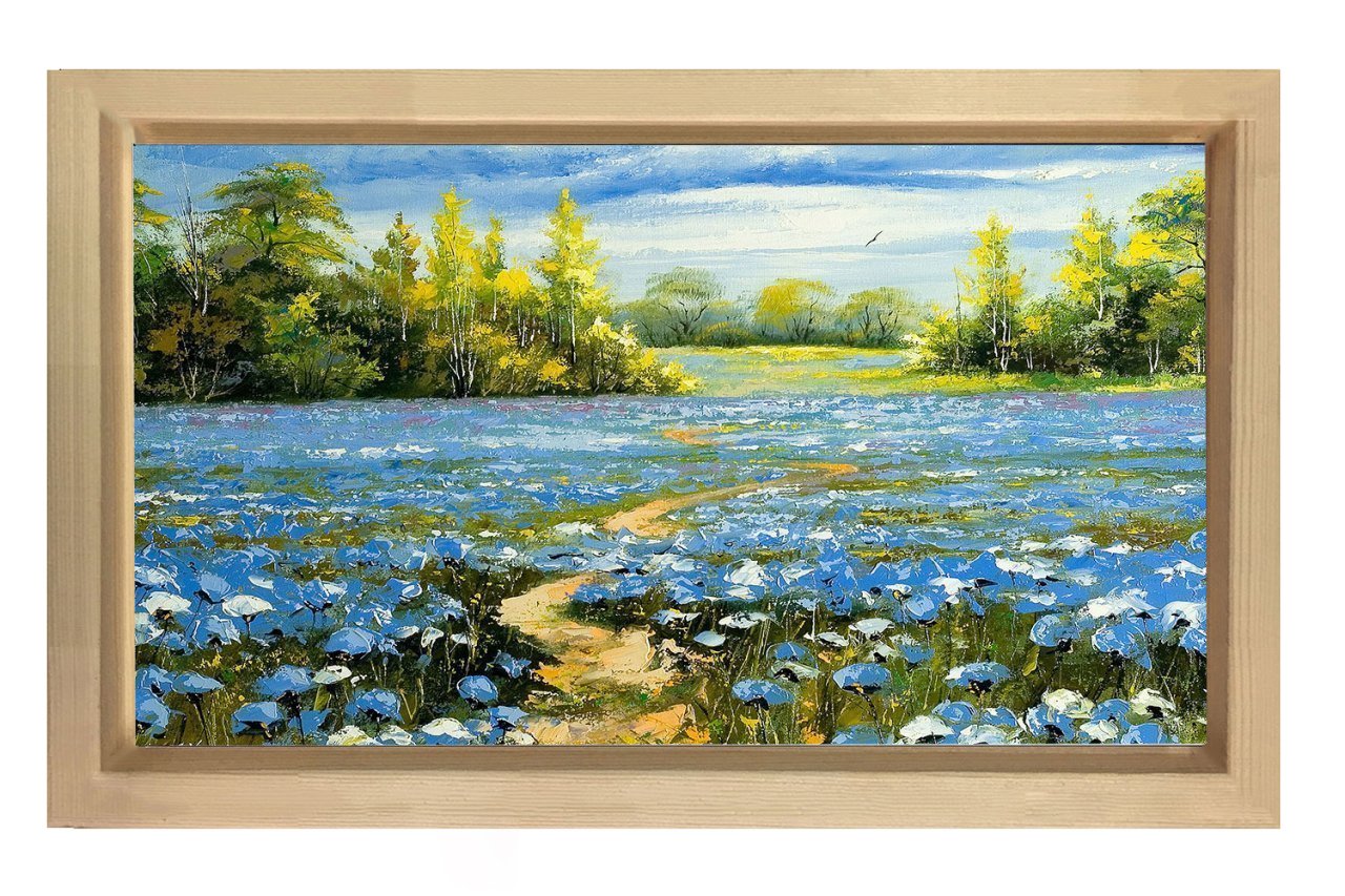 Mavi Çiçekli Doğa Manzara Tablosu Naturel Ahşap - 100x150
