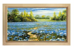 Mavi Çiçekli Doğa Manzara Tablosu Naturel Ahşap - 100x150