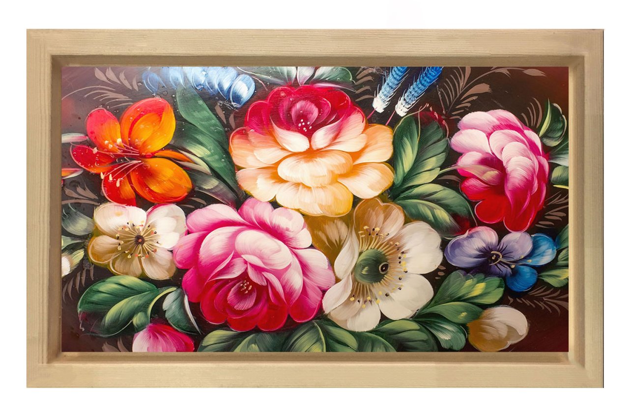 Renkli Gül Çiçekleri Naturel Ahşap Çerçeve - 50x70