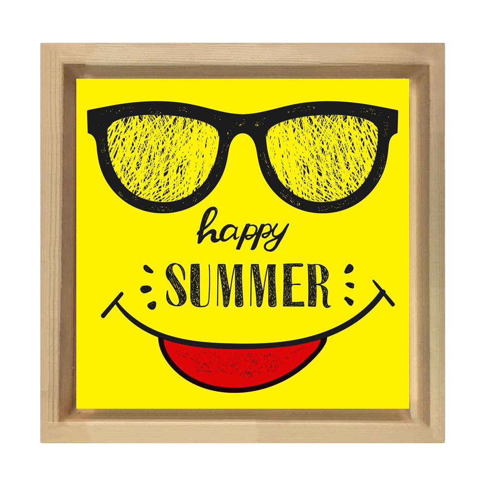 Happy Summer Yazısı Tablosu Naturel Ahşap Çerçeve - 80x80
