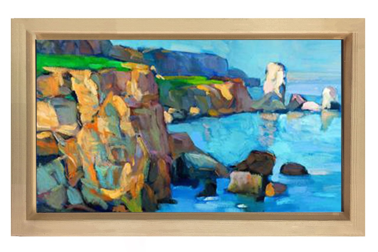 Deniz Manzarası Yağlıboya Tablosu Naturel Ahşap Çerçeve - 50x90
