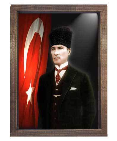 Atatürk Türk Bayrağı Tablosu Kahverengi Ahşap - 50x90