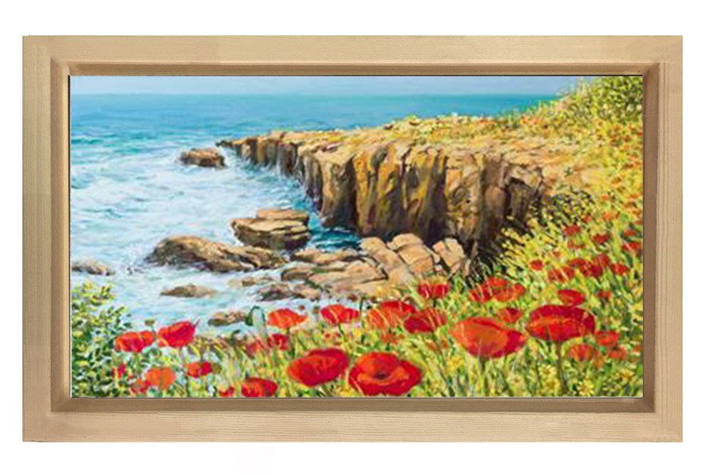 Gelincikler ve Deniz Kıyısı Tablosu Naturel Ahşap - 50x90
