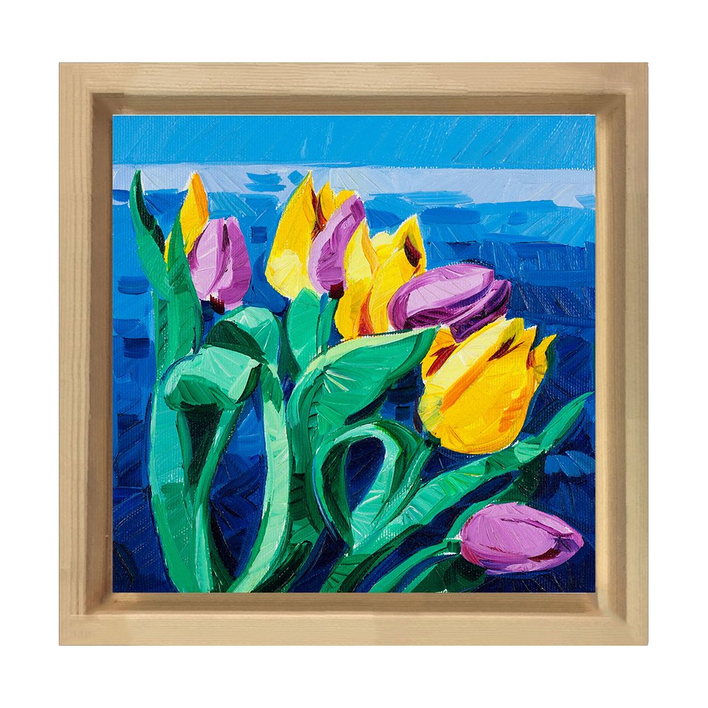 Pembe Sarı Güller Tablosu Naturel Ahşap Çerçeve - 80x80