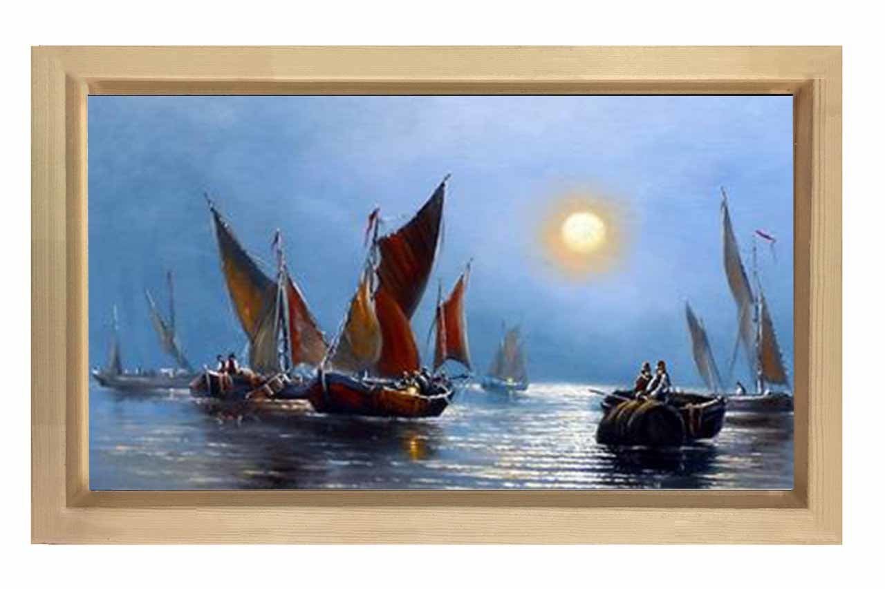 Vintage Gemi ve Güneş Tablosu Naturel Ahşap Çerçeve - 50x70