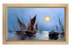 Vintage Gemi ve Güneş Tablosu Naturel Ahşap Çerçeve - 50x70