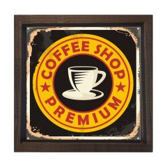 Kahve Dükkanı Vintage Afiş Tablosu Kahverengi Ahşap Çerçeve - 70x70