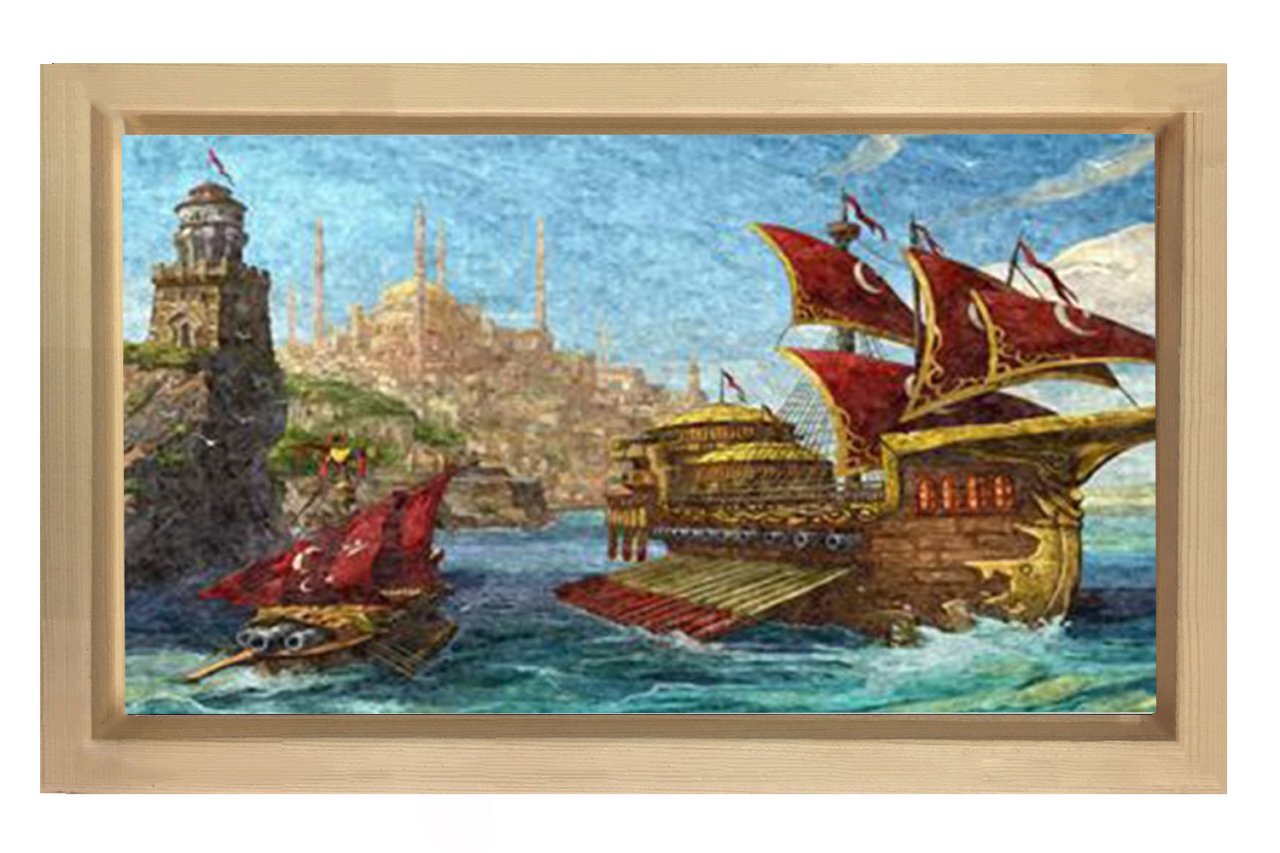 İstanbul ve Yelkenli Gemi Tablosu Naturel Ahşap Çerçeve - 50x70