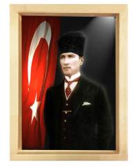 Atatürk Türk Bayrağı Tablosu Naturel Ahşap - 45x30