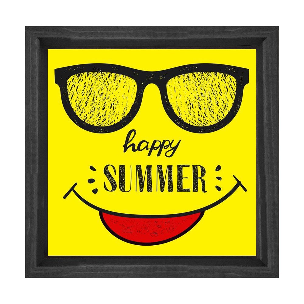 Happy Summer Yazısı Tablosu Siyah Ahşap Çerçeve - 60x60