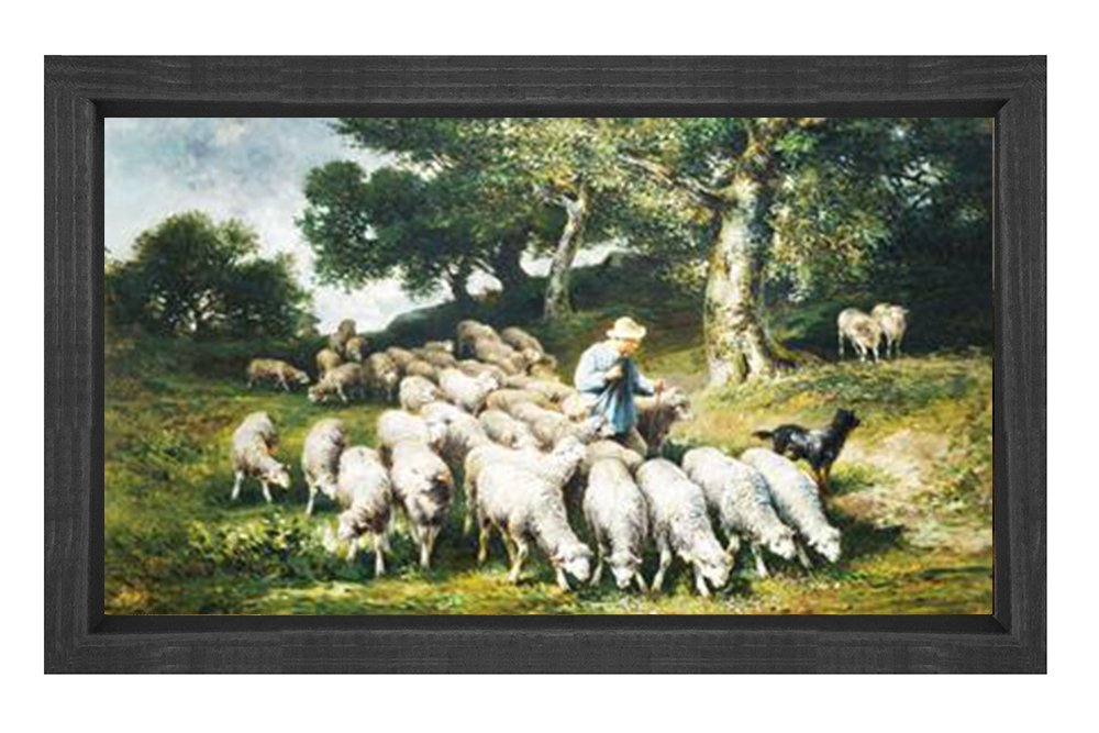 Çoban Ve Koyunlar Manzara Tablosu Siyah Ahşap Çerçeve - 45x30