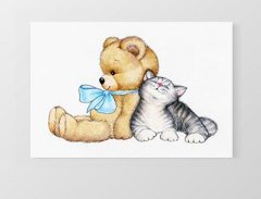 Ayıcık Ve Sevimli  Kedi Tablosu Çerçevesiz - 100x150
