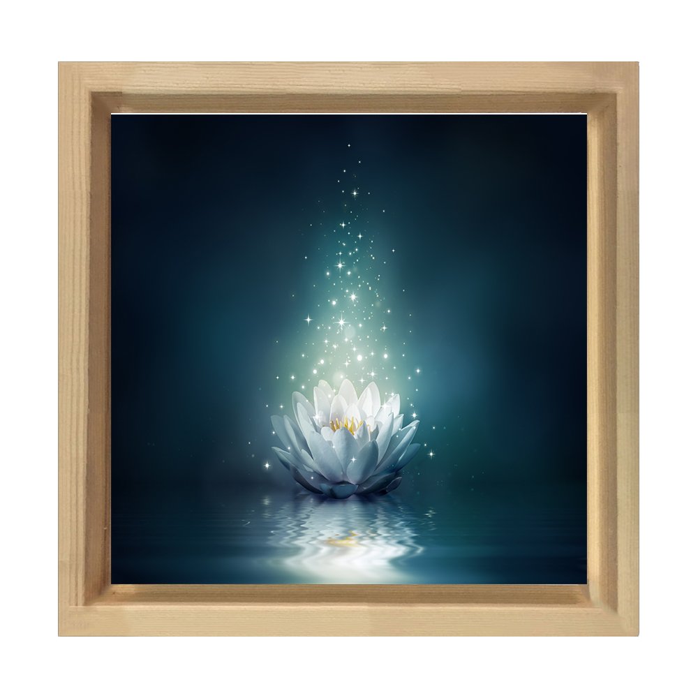 Beyaz Nilüfer Çiçek Tablosu Naturel Ahşap Çerçeve - 90x90
