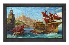 İstanbul ve Yelkenli Gemi Tablosu Siyah Ahşap Çerçeve - 40x60