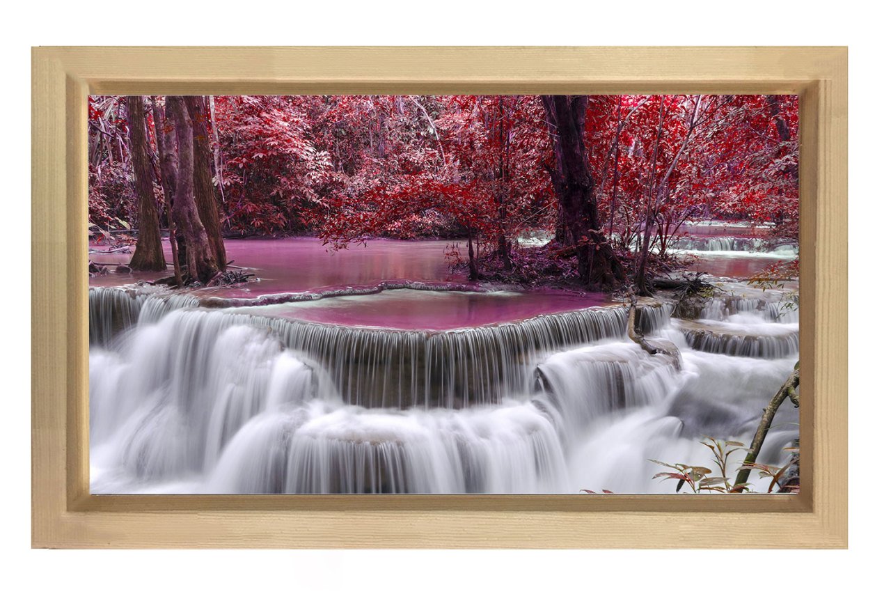 Mor Ağaçlar Ve Şelale Tablosu Naturel Ahşap Çerçeve - 40x60