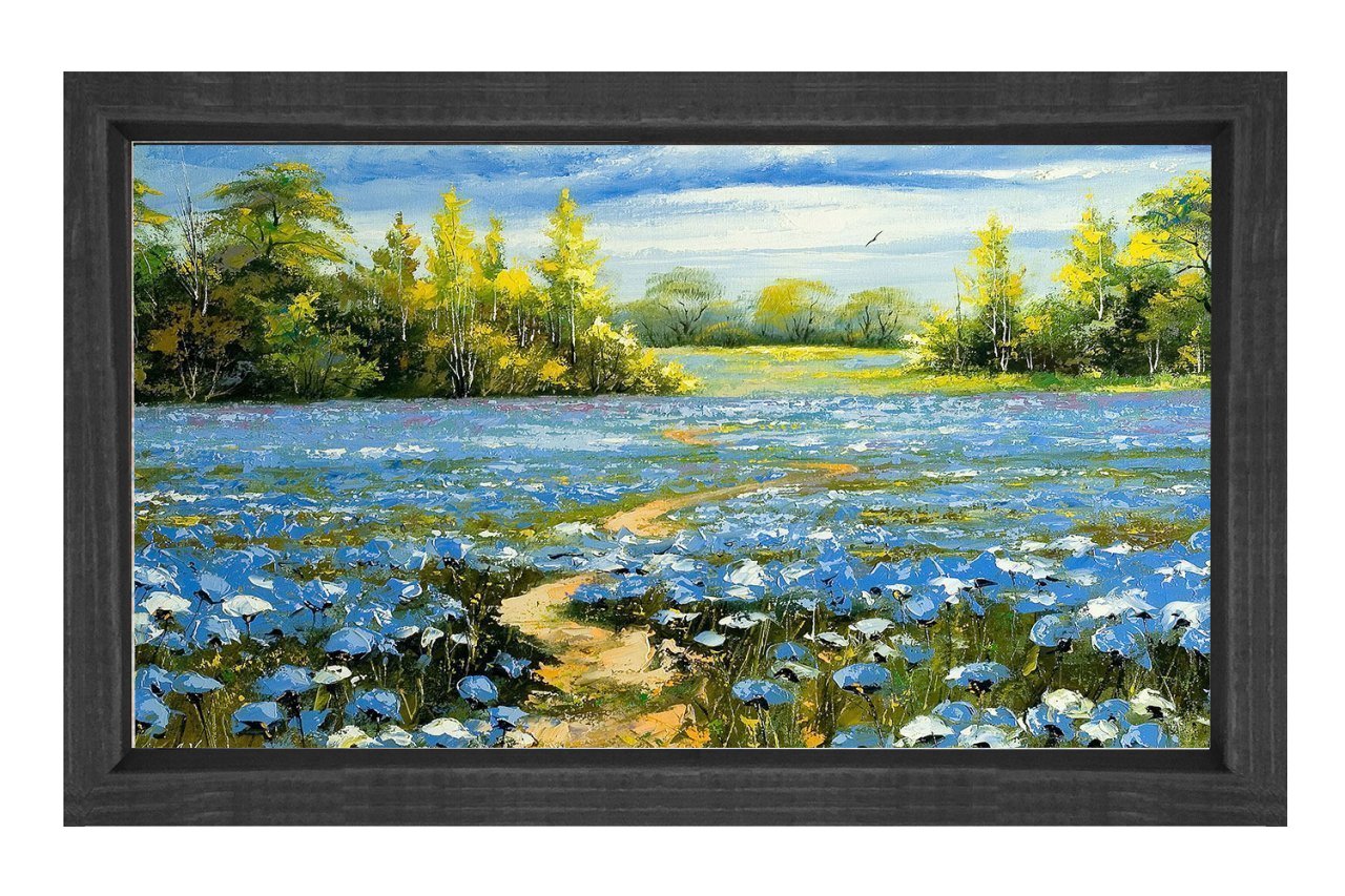 Mavi Çiçekli Doğa Manzara Tablosu Siyah Ahşap - 70x100