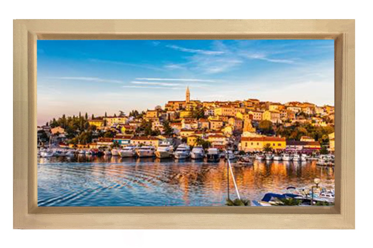 Sahil Kasabası ve Marina Tablosu Naturel Ahşap - 100x150