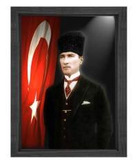 Atatürk Türk Bayrağı Tablosu Siyah Ahşap - 50x70