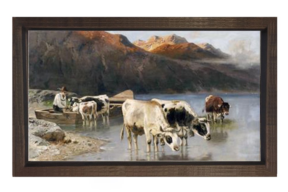 Çoban Ve Danalar Su İçerken Tablosu Kahverengi Ahşap Çerçeve - 45x30