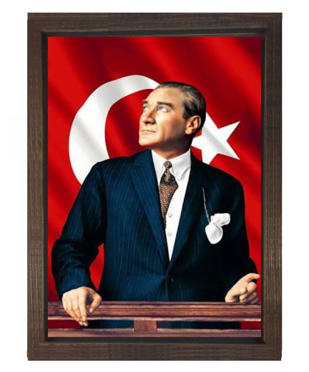 Atatürk Türk Bayrağı Kahverengi Ahşap Çerçeve - 100x200