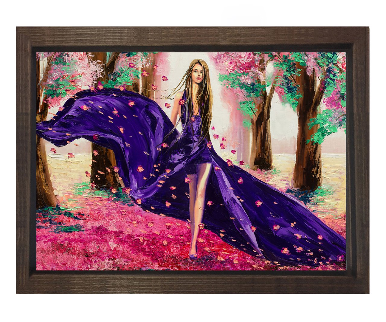 Güller ve Kız Tablosu Kahverengi Ahşap Çerçeve - 100x150