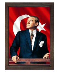 Atatürk Türk Bayrağı Kahverengi Ahşap Çerçeve - 50x70