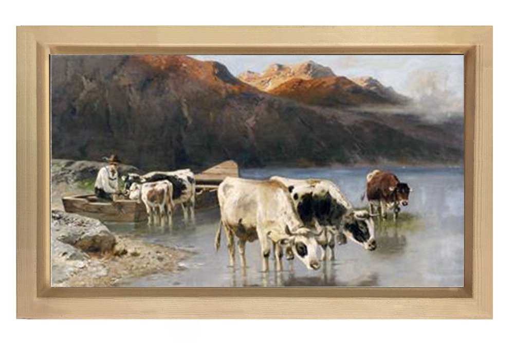 Çoban Ve Danalar Su İçerken Tablosu Naturel Ahşap Çerçeve - 100x150