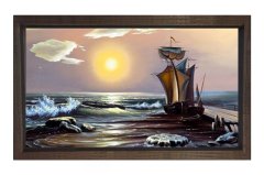 Gündoğumu Gemi Manzarası Tablosu Kahverengi Ahşap Çerçeve - 50x70