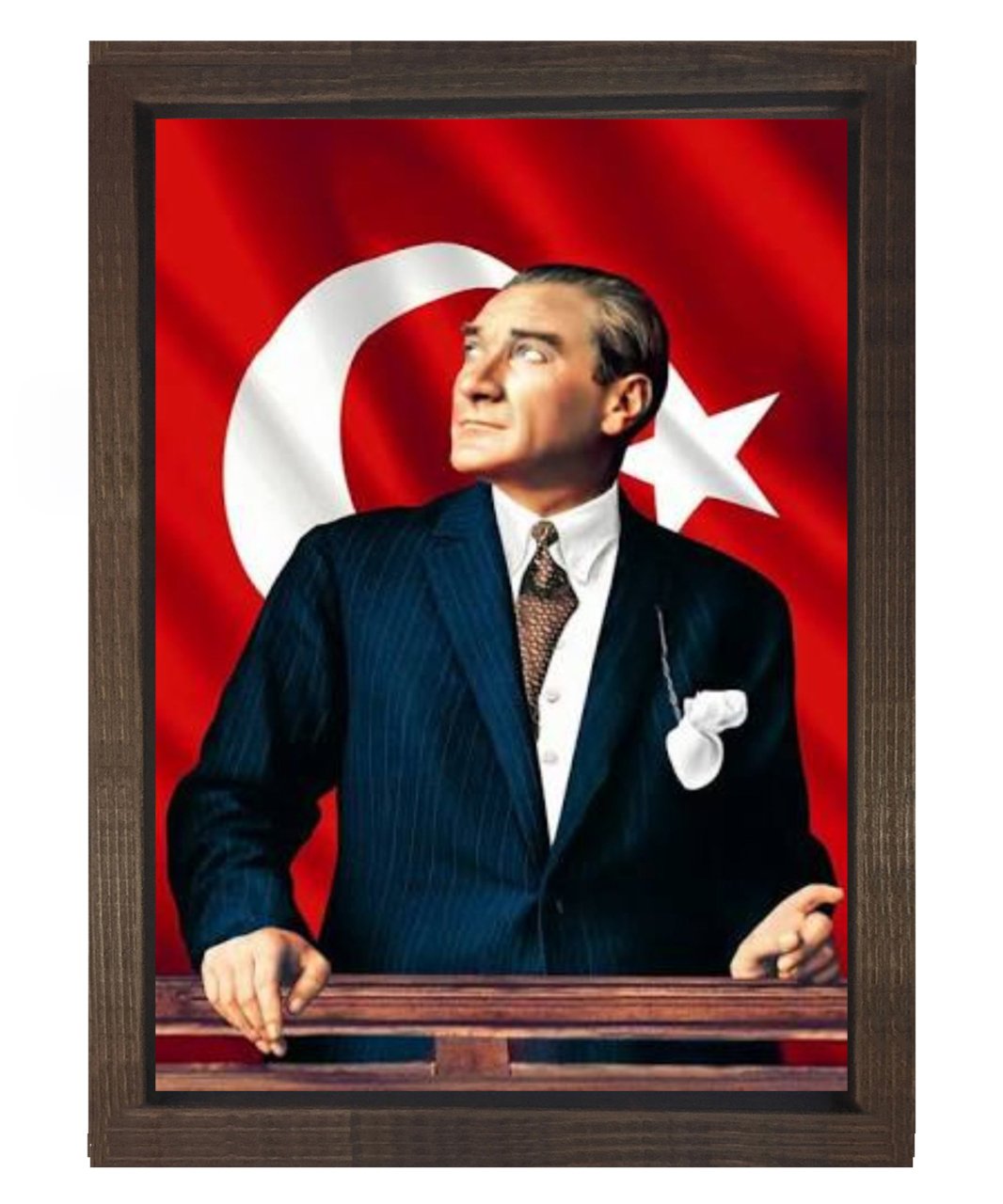 Atatürk Türk Bayrağı Kahverengi Ahşap Çerçeve - 50x90